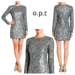 Anthropologie OPT Silver Sequin Long Sleeve Sheath Dress Medium Festival Sexy